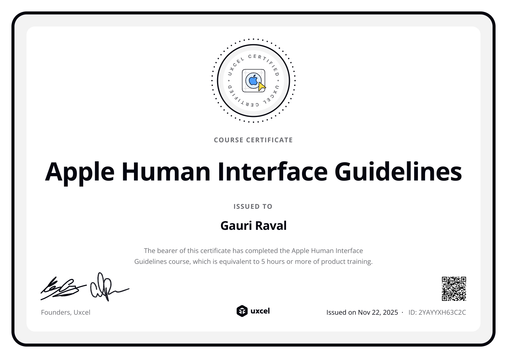 Gauri Raval's certificate